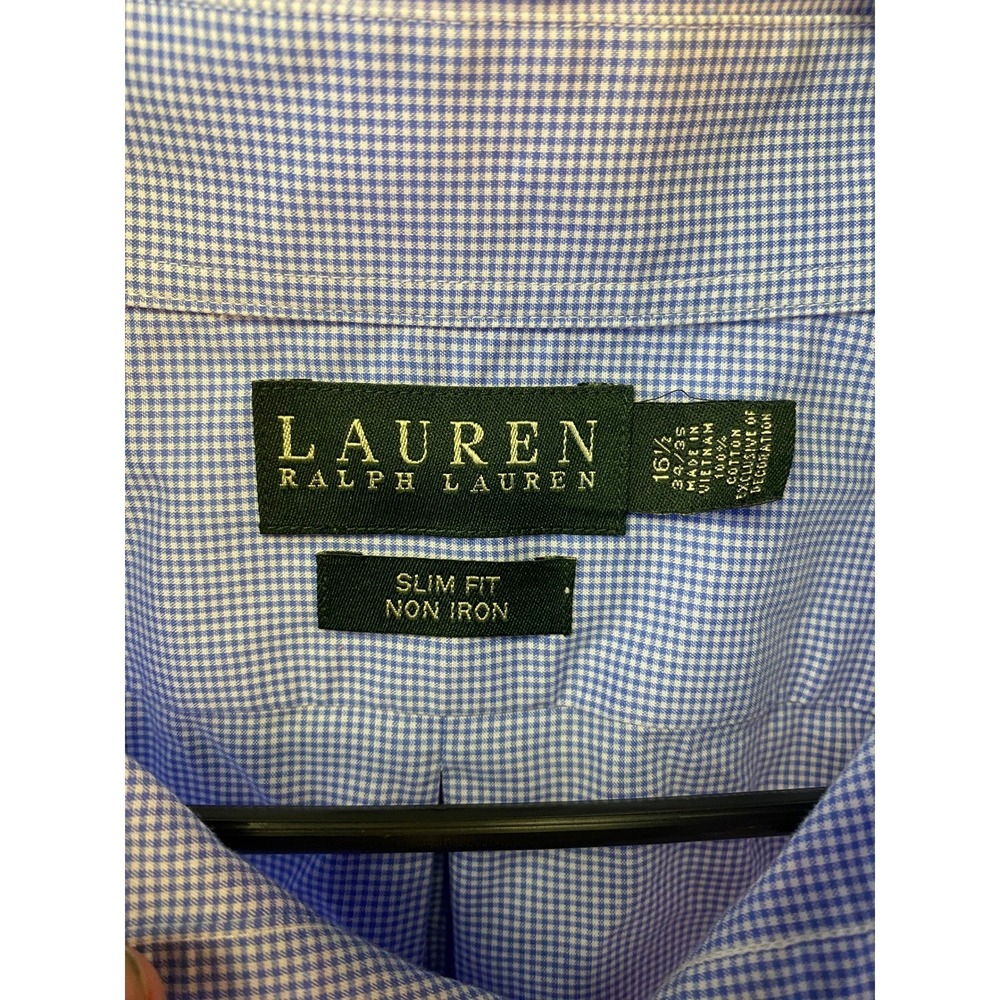 Lauren Ralph Lauren Mens Blue Gingham Slim Fit Non Iron Dress Shirt 16.5 34/35 - Picture 3 of 6